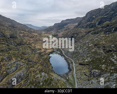 Aerial view of the Gap of Dunloe between the MacGillycuddy's Reeks and Purple Mountain, County Kerry, Ireland Stock Photo