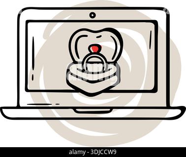 Online marriage proposal on laptop screen, long distance engagement concept with ring in heart box, hand drawn doodle. 2. Описание (Description) Stock Vector