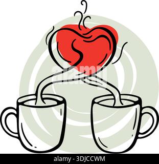 Two coffee cups with steam forming a heart, virtual coffee date and long distance relationship concept, hand drawn doodle. Stock Vector