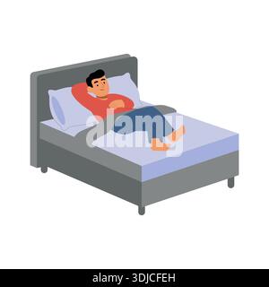 A calm illustration of a man lying comfortably in bed, relaxing and enjoying a peaceful moment at home, symbolizing rest, comfort, and leisure time. Stock Vector