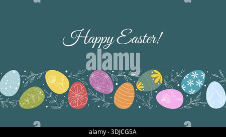 Happy Easter greeting banner. Horizontal template with border of colored eggs, herbs and congratulatory text. Festive layout, vector graphic Stock Vector