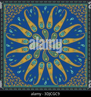 Intricate colorful blue and yellow scarf or bandana design with paisley mandala pattern Stock Vector
