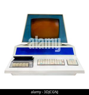 Vintage eighties desktop personal computer with amber crt display isolated on a white background Stock Photo