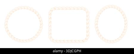 Rope frame set border, rope brush circle, oval and rectangle divider. Knit pattern, Frames and Borders in Various Shapes and Styles for Design Projects. Vector illustration Stock Vector