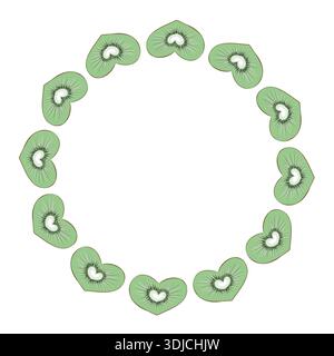 Heart-shaped kiwi slices form a circular wreath frame on white background, fresh green fruit border with copy space Stock Vector