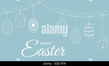 Festive Happy Easter banner. Background with silhouette of hanging painted eggs. Template for postcards, invitations, greetings, vector graphic Stock Vector