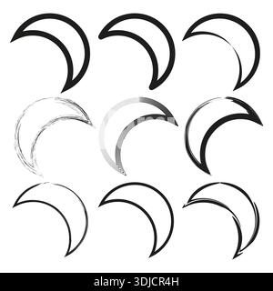 Crescent moon outline. Night sky symbol. Celestial shape Vector. Black white detail. EPS 10. Stock Vector