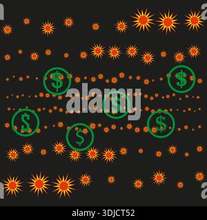 Dollar coins Vector. Glowing orange sparks. Black background focus. Money growth concept. Stock Vector