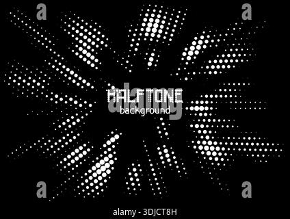 Halftone circle dotted background. Shape with radial energy. Random modern halftone circle dot texture. Half tone circular irregular halftone points. Stock Vector