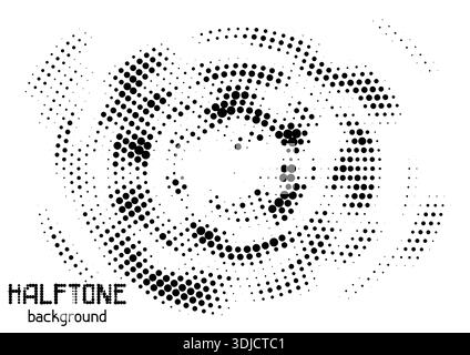 Halftone circle dotted background. Shape with radial energy. Random modern halftone circle dot texture. Half tone circular irregular halftone points. Stock Vector