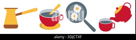Set of colorful kitchen and hot drink icons including coffee pot, cup, frying pan with eggs and teapot. Flat illustration isolated on white background Stock Vector