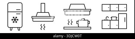 Black outline icons set of kitchen appliances and furniture including refrigerator, cooker hood, stove with pot and kitchen cabinets. Minimal linear d Stock Vector