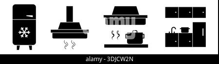 Black flat icons set of kitchen appliances and furniture including refrigerator, cooker hood, stove with pot, sink and cabinets. Minimal monochrome de Stock Vector