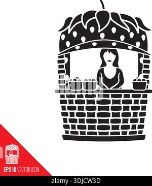 Female strawberry vendor in fruit-shaped kiosk vector icon for Strawbery Day on February 27 Stock Vector