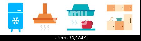 Color flat icons set of kitchen appliances and furniture including blue refrigerator, orange cooker hood, stove with red pot, sink and cabinets. Clean Stock Vector