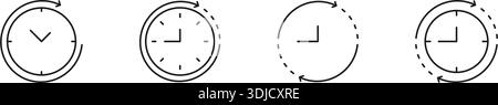 Clock With Circular Arrow Line Icon Set. Time Management, Scheduling, And Deadline Tracking Outline Symbol. Efficient Planning And Organization Stock Vector