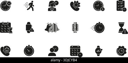 Time Management And Productivity Tools Solid Icon Set. Efficient Scheduling, Task Tracking, And Deadline Management Silhouette Symbol Collection Stock Vector