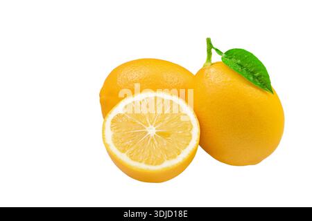 Three lemons with one cut open. The cut orange is on the left and the other two are whole Stock Photo