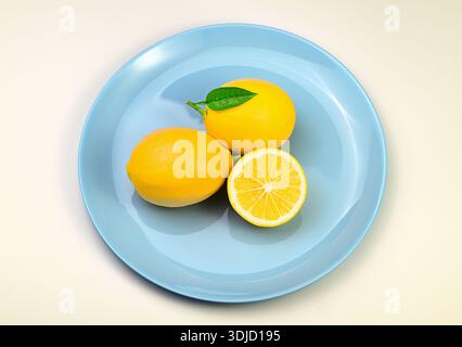 A plate with three lemons. The plate is blue and the fruit is fresh. The plate is placed on a white background Stock Photo