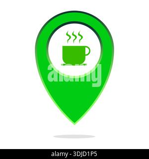Coffee cup pin. Drink beverage marker. Vector cafe symbol. Green hot icon. Stock Vector