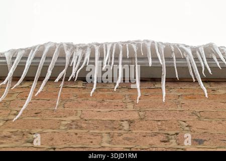 A brick wall covered in icicles. The icicles are long and thin, and they are hanging from the roof. The scene is cold and wintry, with the icicles add Stock Photo