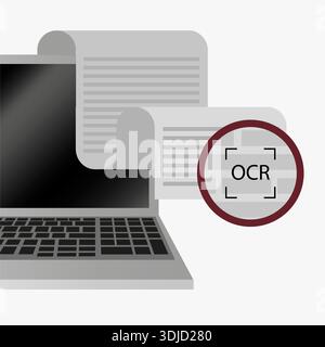 Laptop document scan. Optical recognition vector. Ocr text symbol. Digital file processing. Stock Vector