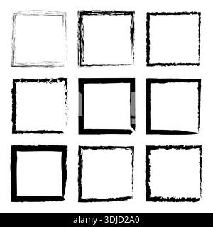 Ink brush frame. Black border grid. Grunge square Vector. Rough box set. Stock Vector