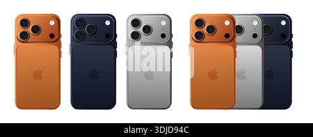 Realistic smartphone mockup set showing back view with triple camera in multiple colors, isolated on white background. Stock Vector