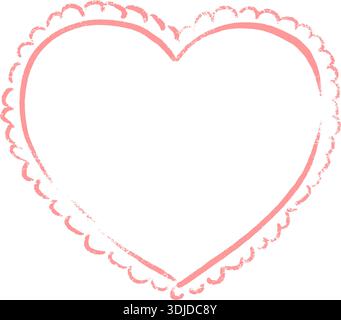Cute hand drawn crayon doodle heart frame. Scalloped whimsical children freehand drawing border in heart shape. Valentines day, wedding, bachelorette Stock Vector