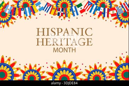 Hispanic Heritage Month Celebration. Colorful flags and sunflower pattern vector illustration Stock Vector