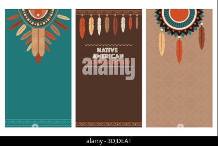 Native American Heritage Month vertical vector banners set for mobile phone screen with tribal feathers and ethnic patterns. Stock Vector