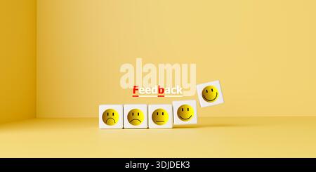 Customer feedback and satisfaction survey concept with emoji cubes on yellow background. Rating service with sad to happy face for business evaluation Stock Photo