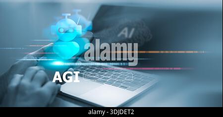 Person using smartphone and laptop with AGI (Artificial General Intelligence) robot and command prompt overlay. Concept of advanced AI technology, mac Stock Photo
