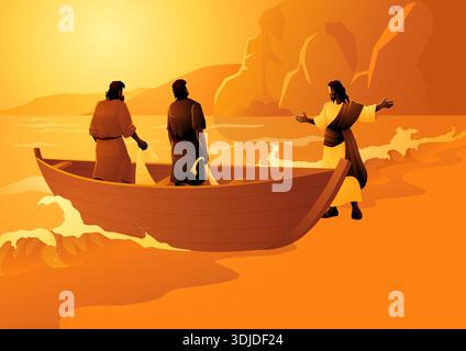 Biblical vector illustration series, Jesus Calling His First Disciples Peter and Andrew. Biblical Illustration of Fishermen and Boat at Sunrise Stock Vector