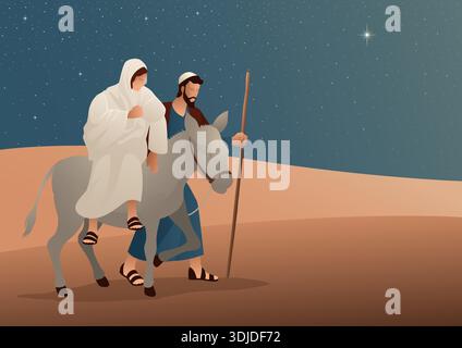 Journey to Bethlehem, Mary and Joseph Traveling with Donkey under Starry Night, Nativity Scene Vector Illustration Stock Vector