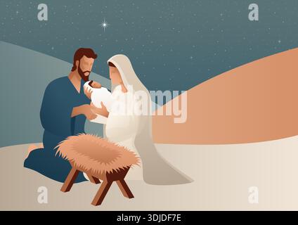 Vector illustration of the Nativity scene showing Mary and Joseph with baby Jesus under the Star of Bethlehem. A peaceful Christmas artwork symbolizin Stock Vector
