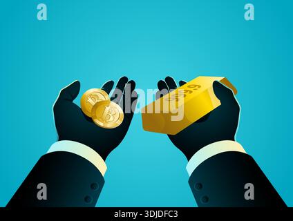 Illustration depicting a financial comparison between Bitcoin cryptocurrency and gold held in human hands, symbol of investment choice, asset allocati Stock Vector
