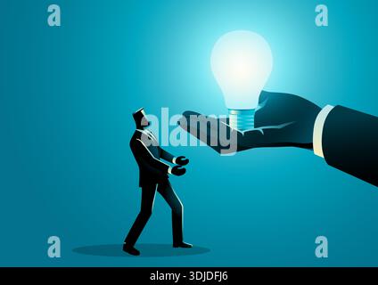 Businessman reaching out to receive a glowing lightbulb from a giant hand. Opportunity, leadership support, innovation, career growth, and inspiration Stock Vector