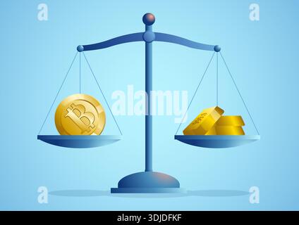 Conceptual illustration showing Bitcoin and gold bars balanced on a scale, comparison between cryptocurrency and gold as safe-haven assets. Stock Vector