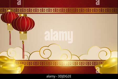 Chinese New Year Background with Red Lanterns and Gold Ingots, Lunar Festival Copy Space Stock Vector