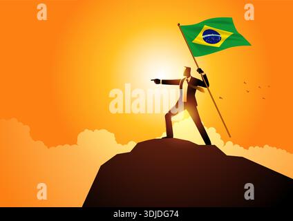 Confident businessman standing triumphantly on a mountain peak, holding the Brazilian national flag against a glowing sunrise. Symbolizes economic suc Stock Vector