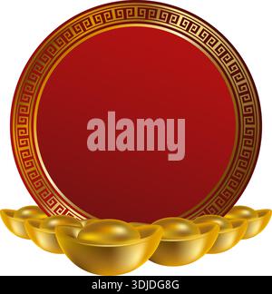 Chinese New Year background featuring a red circular frame with traditional golden ingots symbolizing wealth, prosperity, and good fortune. Festive Lu Stock Vector