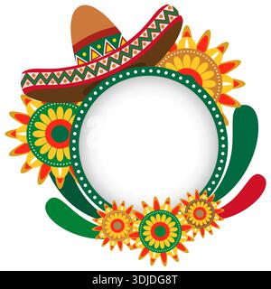 Mexican Sombrero Frame with Colorful Sunflowers and Folk Art Pattern. Fiesta and festival vector illustration Stock Vector