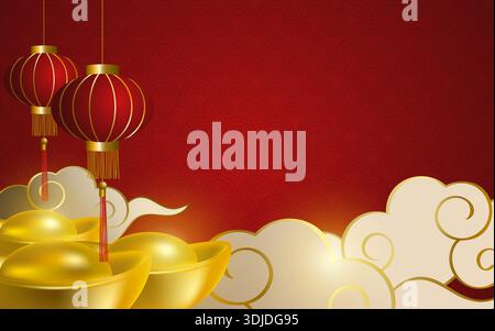 Lunar New Year Wealth and Prosperity Concept. Chinese New Year background featuring traditional red lanterns hanging above and golden ingots symbolizi Stock Vector