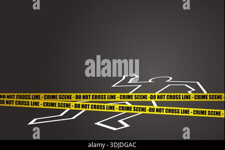 Crime Scene Outline with Police Tape vector illustration. Police investigation, forensic evidence, murder mystery, law enforcement, criminal case, acc Stock Vector