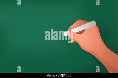 Hand Holding Chalk on Green Blackboard, education and school background template for teacher, student, or classroom. Suitable for Back To School or Wo Stock Vector