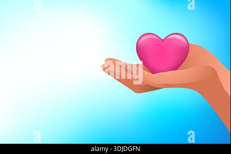 Hand Holding Pink Heart. Love, care, charity, donation concept illustration. Stock Vector