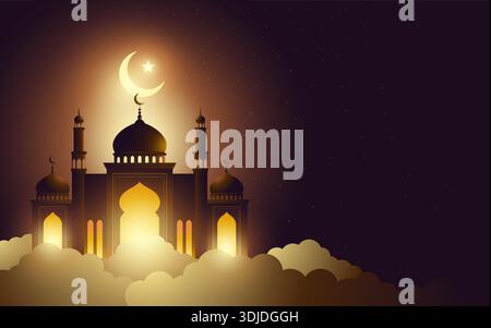 Elegant Islamic Ramadan and Eid Background. Glowing mosque at night with crescent moon, stars, and clouds. Symbol of Ramadan, Eid al-Fitr, Eid al-Adha Stock Vector