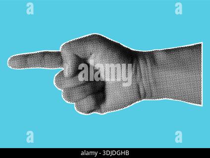 Retro halftone pointing hand gesture on blue background in black and white retro halftone vector. Stock Vector