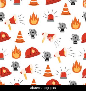 Colourful seamless pattern featuring firefighting gear for wallpapers, fabrics, scrapbooking. Color flat vector illustration. Stock Vector